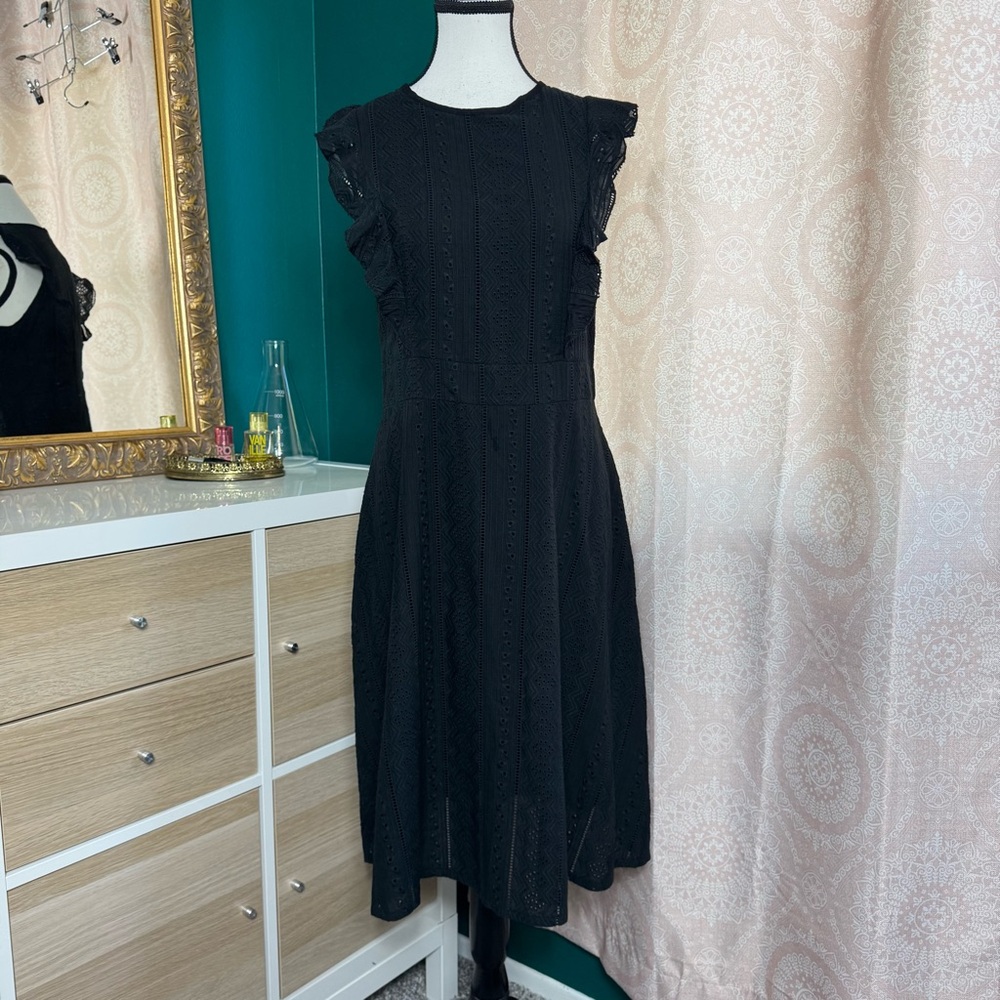 Ecowish NWT Black Eyelet Lace Cotton Black Dress Ruffle Cap Sleeves Size Medium